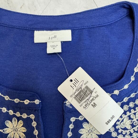 NWT J.Jill Embroidered Womens Size M Azul Blue Cream Tunic Top Soft Boho Chic - Picture 2 of 10